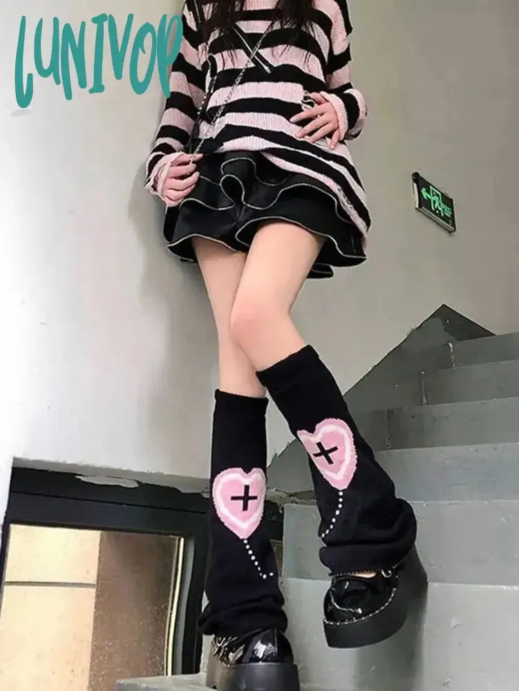 Lunivop 1 pair of knitted wide leg sock sleeves with love cross Y2K girls' matching calf sleeves for winter warmth wool knitted sock sle