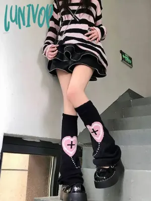 Lunivop 1 pair of knitted wide leg sock sleeves with love cross Y2K girls' matching calf sleeves for winter warmth wool knitted sock sle