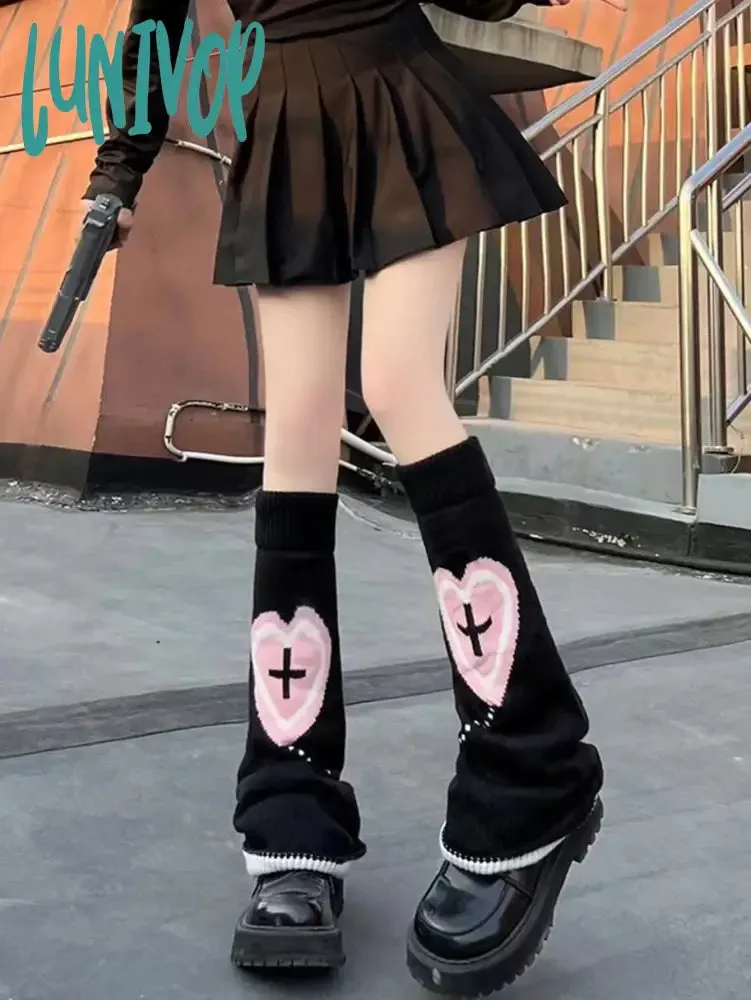 Lunivop 1 pair of knitted wide leg sock sleeves with love cross Y2K girls' matching calf sleeves for winter warmth wool knitted sock sle