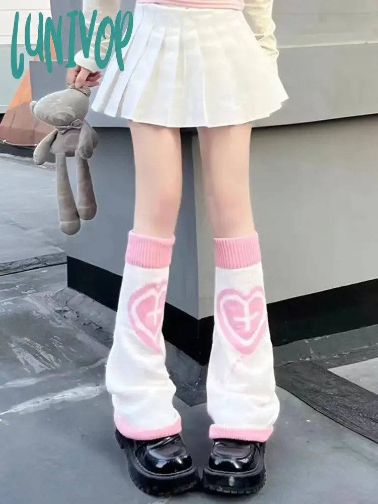 Lunivop 1 pair of knitted wide leg sock sleeves with love cross Y2K girls' matching calf sleeves for winter warmth wool knitted sock sle
