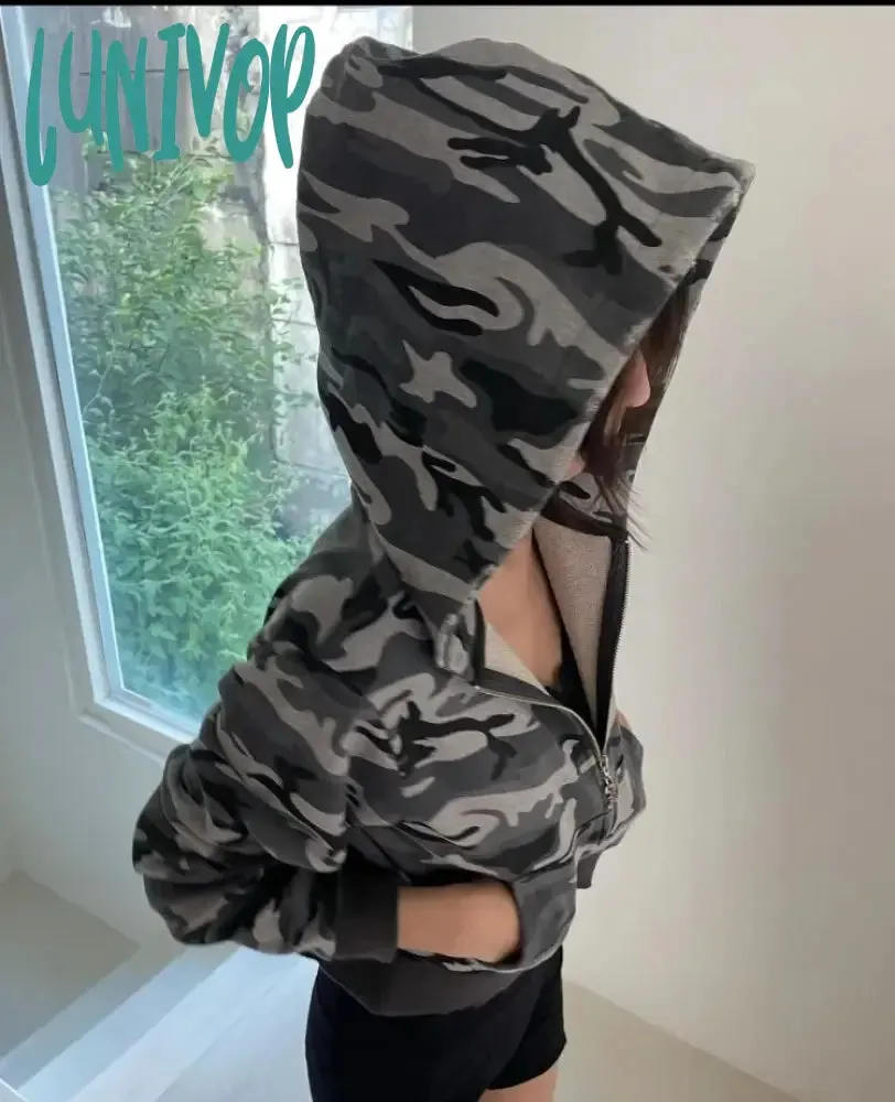 Lunivop American Vintage Camouflage Hoodie Tops Women Autumn New Slim Fit Zipper Sweatshirts Y2k E-Girl Long Sleeve Sweatshirt Mujer
