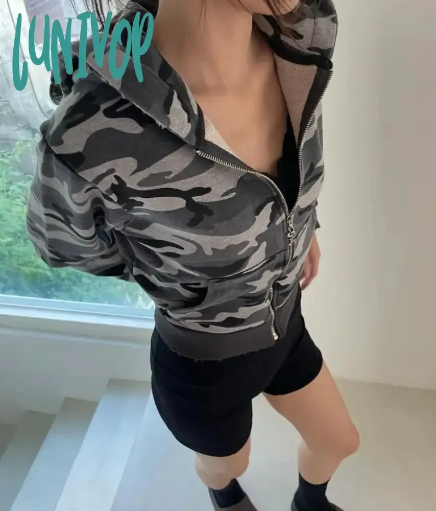 Lunivop American Vintage Camouflage Hoodie Tops Women Autumn New Slim Fit Zipper Sweatshirts Y2k E-Girl Long Sleeve Sweatshirt Mujer