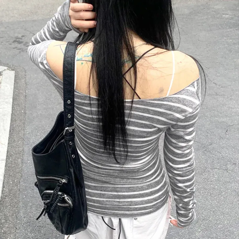 Lunivop Autumn And Winter New Casual Striped Print Shoulder Design Long-Sleeved Top Y2k Millenial Style Lightweight Knitwear