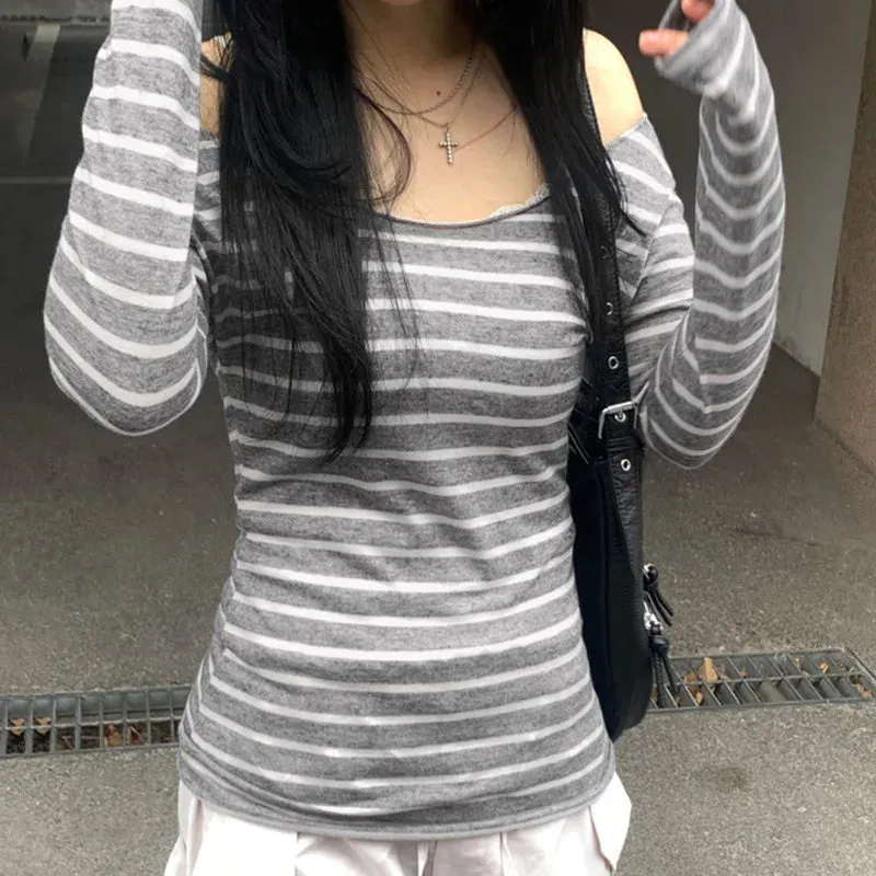 Lunivop Autumn And Winter New Casual Striped Print Shoulder Design Long-Sleeved Top Y2k Millenial Style Lightweight Knitwear