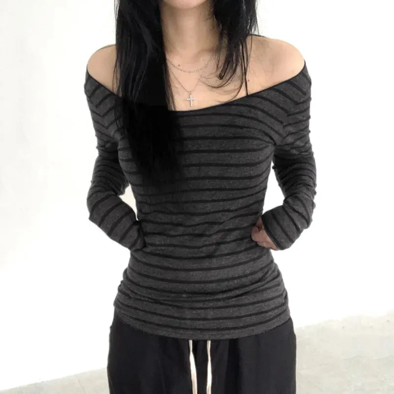 Lunivop Autumn And Winter New Casual Striped Print Shoulder Design Long-Sleeved Top Y2k Millenial Style Lightweight Knitwear