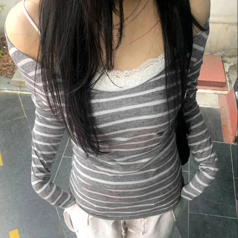 Lunivop Autumn And Winter New Casual Striped Print Shoulder Design Long-Sleeved Top Y2k Millenial Style Lightweight Knitwear