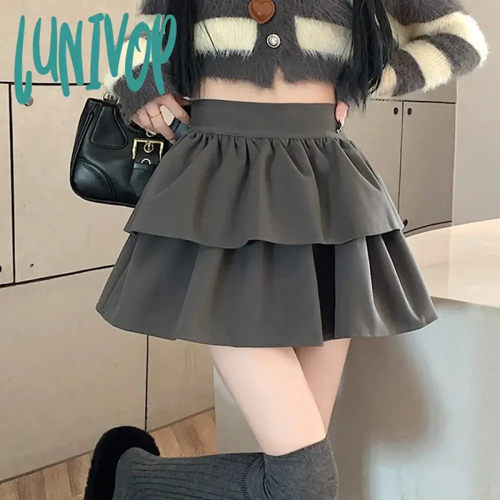 Lunivop Autumn Winter Double -Layer Short Wool Cake Skirt For Women HIgh Waist Cute Ball Gown School Japanese Slim Saias Girls