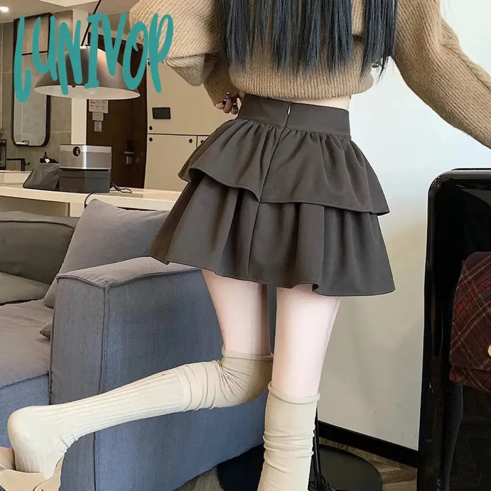 Lunivop Autumn Winter Double -Layer Short Wool Cake Skirt For Women HIgh Waist Cute Ball Gown School Japanese Slim Saias Girls