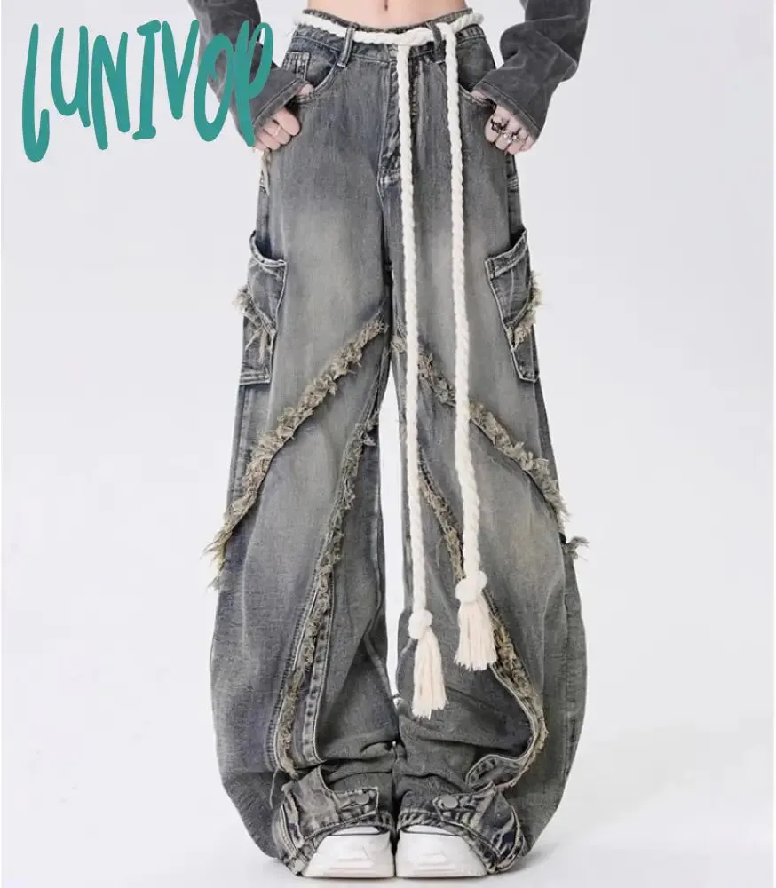 Lunivop Autumn Winter New Y2k Baggy Jeans Ladies American High Street Wide Leg Pants for Women Rinsing Splice Raw Edge Jeans Pants Women