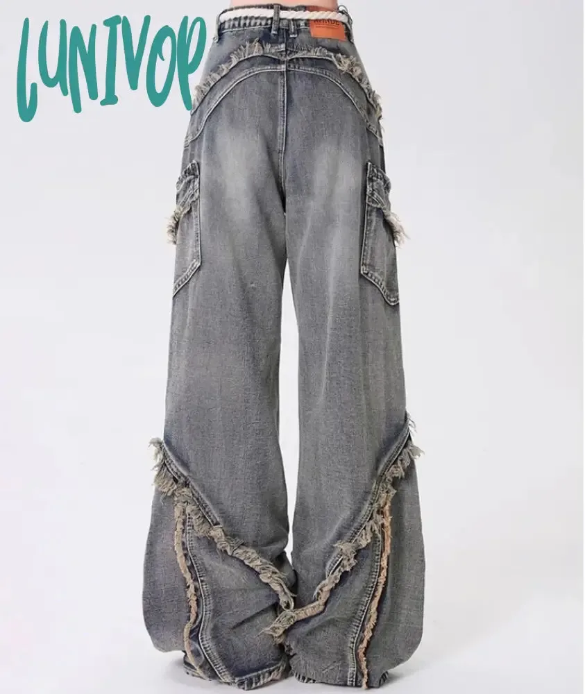 Lunivop Autumn Winter New Y2k Baggy Jeans Ladies American High Street Wide Leg Pants for Women Rinsing Splice Raw Edge Jeans Pants Women