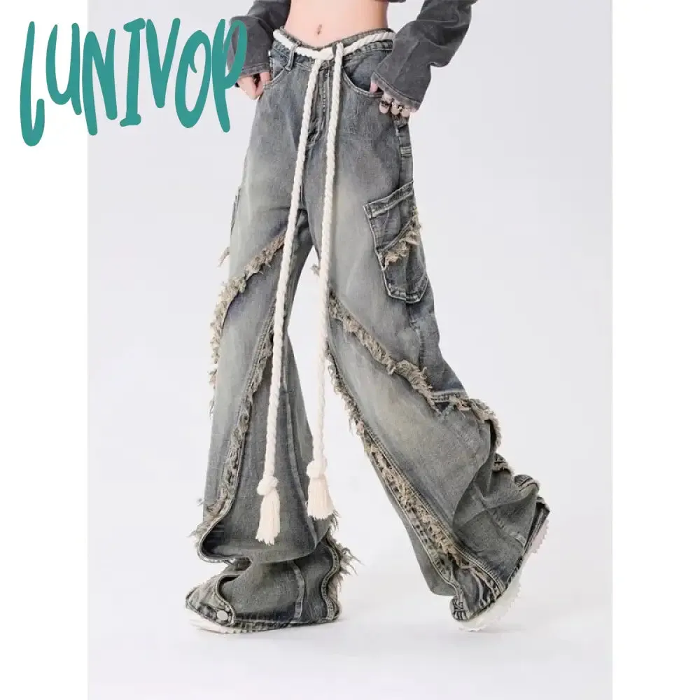 Lunivop Autumn Winter New Y2k Baggy Jeans Ladies American High Street Wide Leg Pants for Women Rinsing Splice Raw Edge Jeans Pants Women