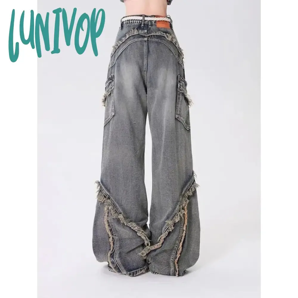 Lunivop Autumn Winter New Y2k Baggy Jeans Ladies American High Street Wide Leg Pants for Women Rinsing Splice Raw Edge Jeans Pants Women