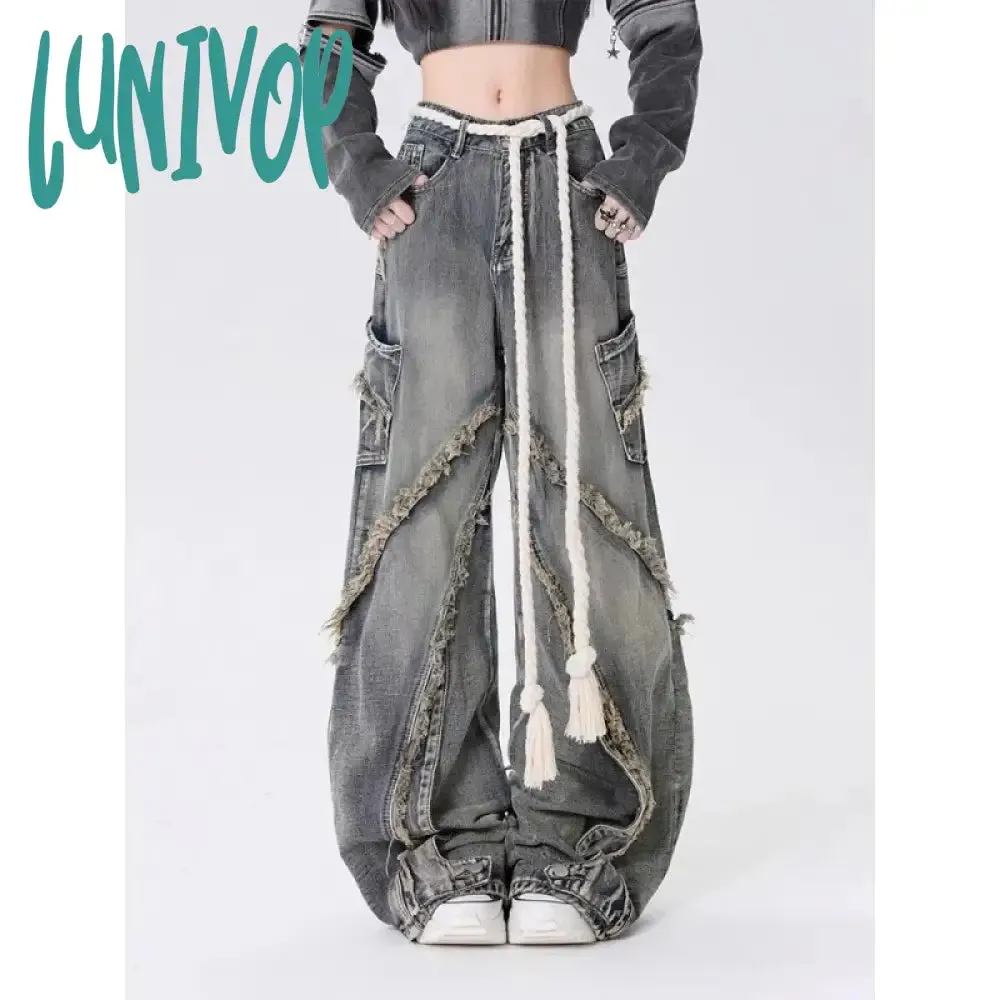 Lunivop Autumn Winter New Y2k Baggy Jeans Ladies American High Street Wide Leg Pants for Women Rinsing Splice Raw Edge Jeans Pants Women