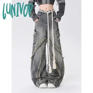Lunivop Autumn Winter New Y2k Baggy Jeans Ladies American High Street Wide Leg Pants for Women Rinsing Splice Raw Edge Jeans Pants Women