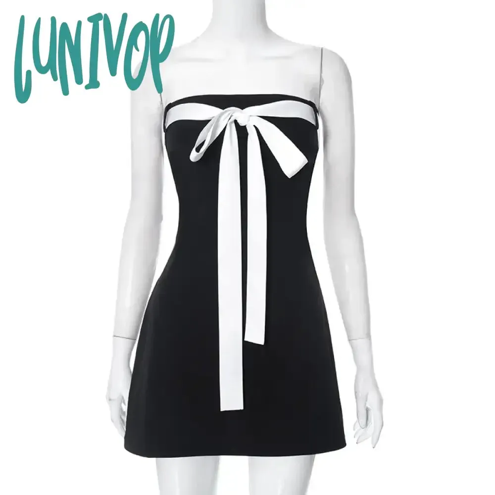 Lunivop Bow Tie Tube Top Backless Mini Dresses for Women Y2k Sexy Cute Black Dress Party Night Club Outfits