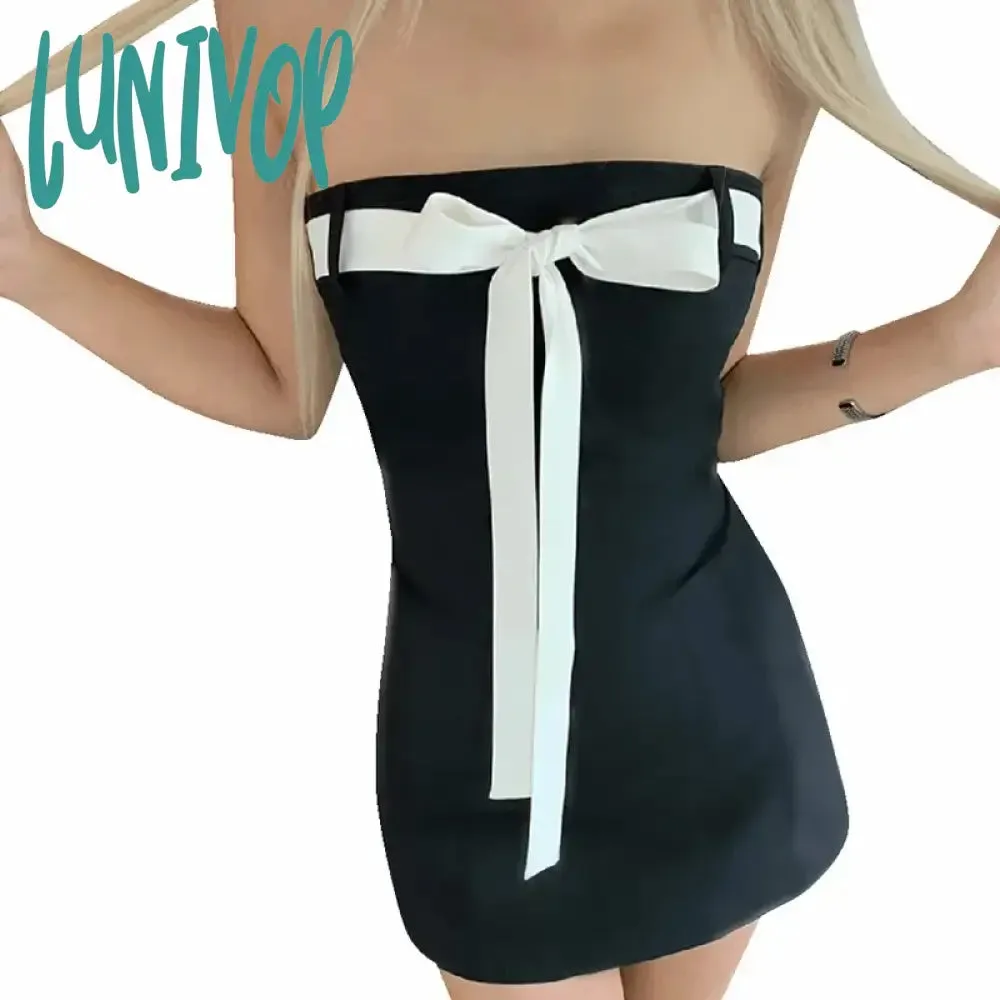 Lunivop Bow Tie Tube Top Backless Mini Dresses for Women Y2k Sexy Cute Black Dress Party Night Club Outfits