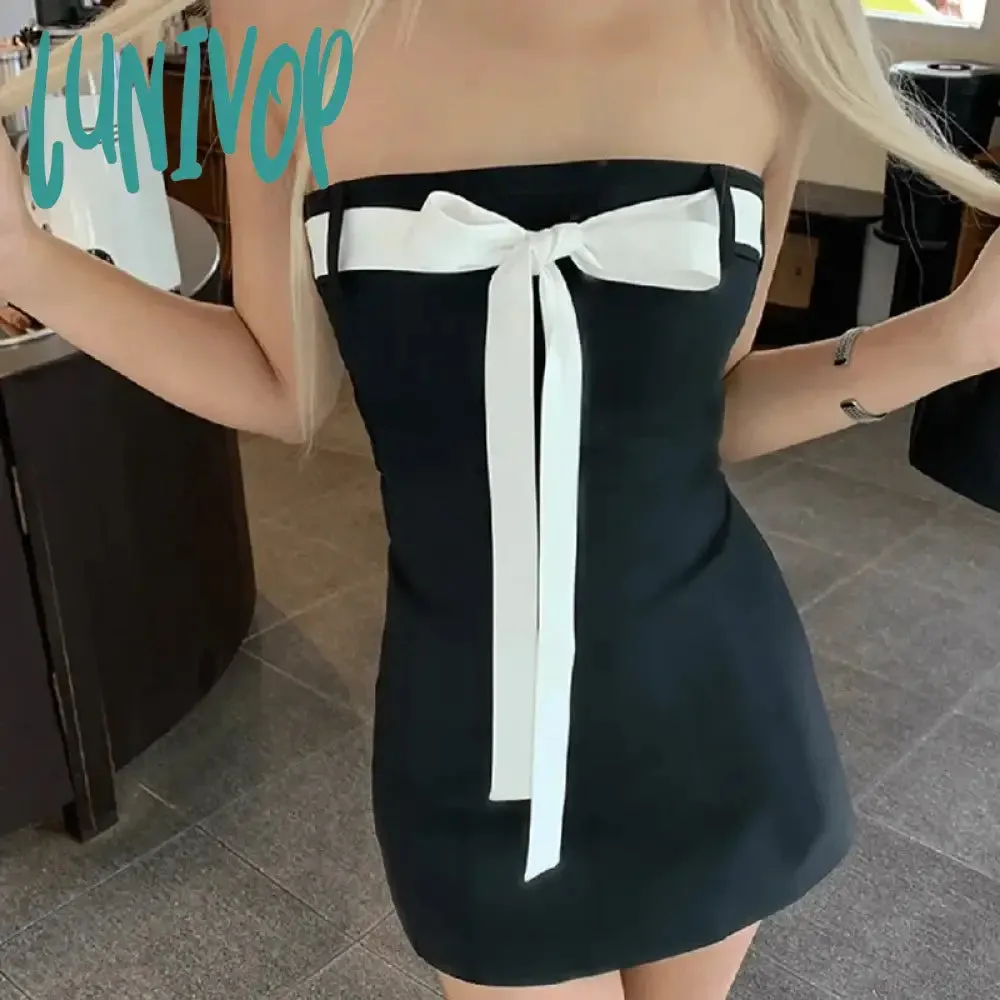 Lunivop Bow Tie Tube Top Backless Mini Dresses for Women Y2k Sexy Cute Black Dress Party Night Club Outfits
