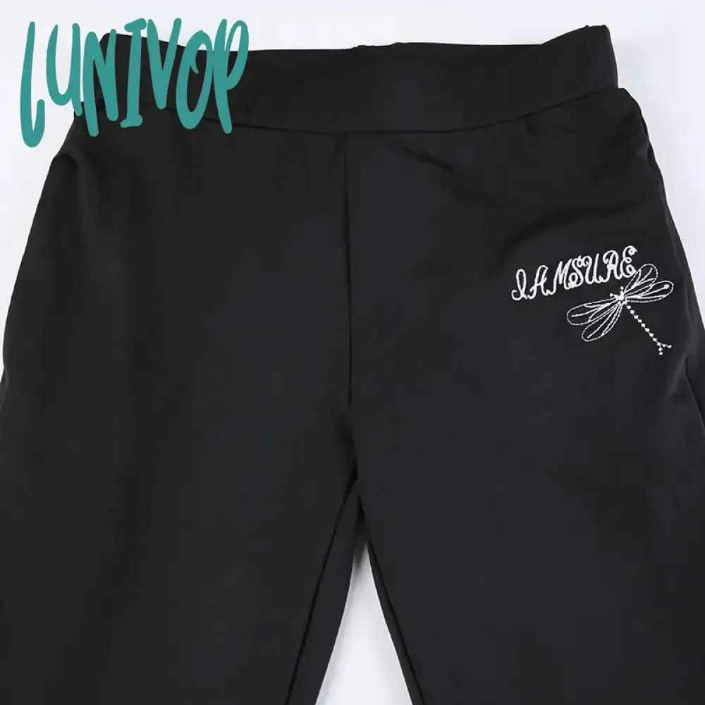 Lunivop Casual Dragonfly Embroidered Flare Pants Y2K Gothic High Waist Slim-fitting Boot Cut Women Korean Leggings Joggers Sweatpants
