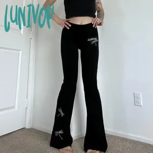 Lunivop Casual Dragonfly Embroidered Flare Pants Y2K Gothic High Waist Slim-fitting Boot Cut Women Korean Leggings Joggers Sweatpants