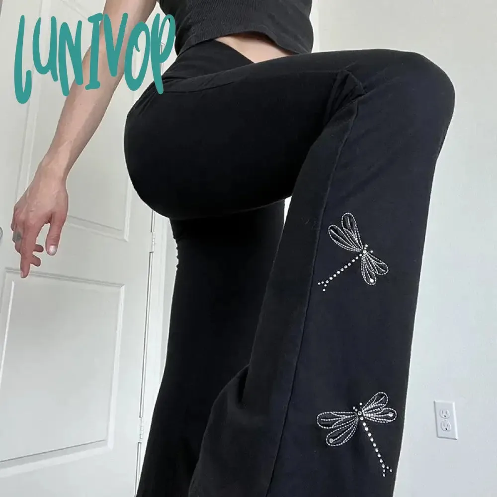 Lunivop Casual Dragonfly Embroidered Flare Pants Y2K Gothic High Waist Slim-fitting Boot Cut Women Korean Leggings Joggers Sweatpants