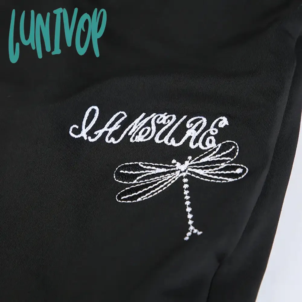 Lunivop Casual Dragonfly Embroidered Flare Pants Y2K Gothic High Waist Slim-fitting Boot Cut Women Korean Leggings Joggers Sweatpants