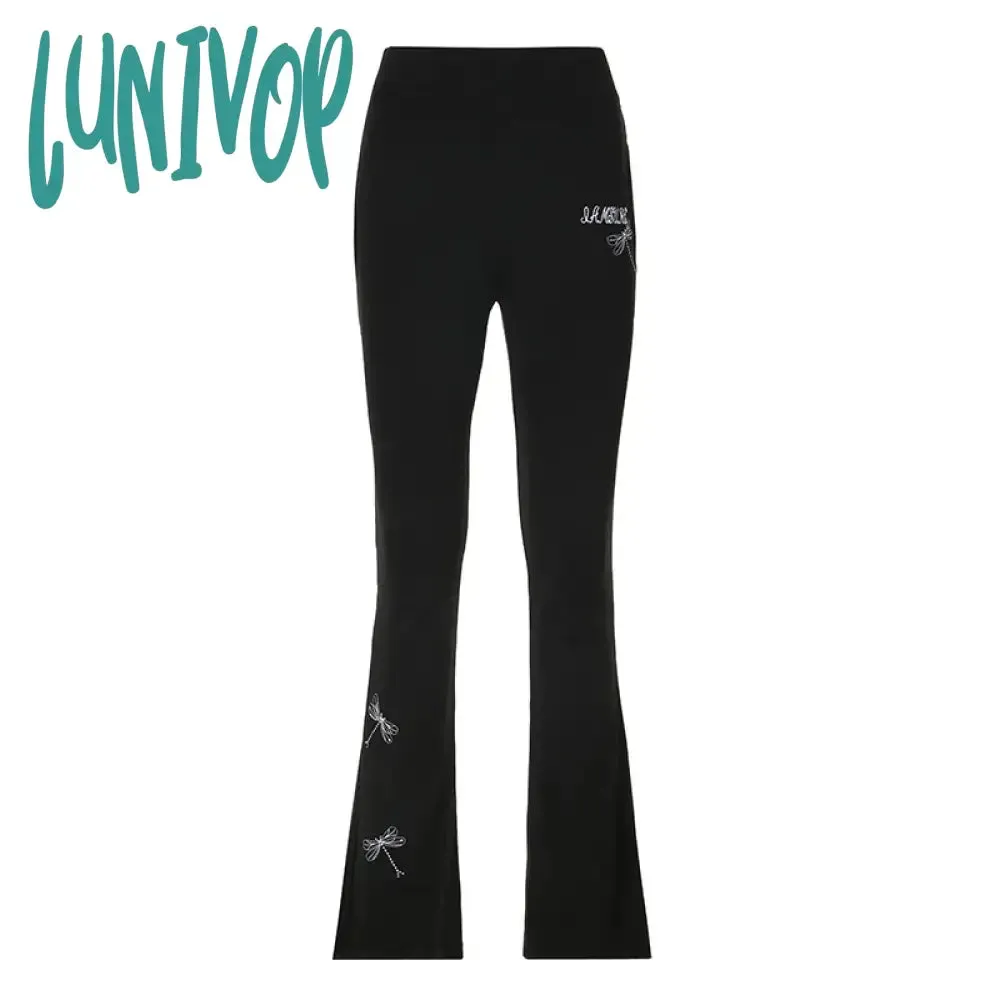 Lunivop Casual Dragonfly Embroidered Flare Pants Y2K Gothic High Waist Slim-fitting Boot Cut Women Korean Leggings Joggers Sweatpants