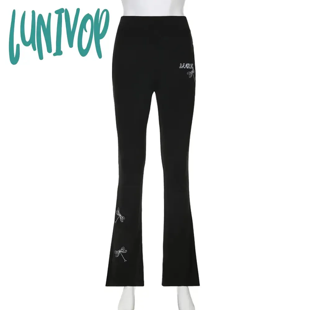 Lunivop Casual Dragonfly Embroidered Flare Pants Y2K Gothic High Waist Slim-fitting Boot Cut Women Korean Leggings Joggers Sweatpants