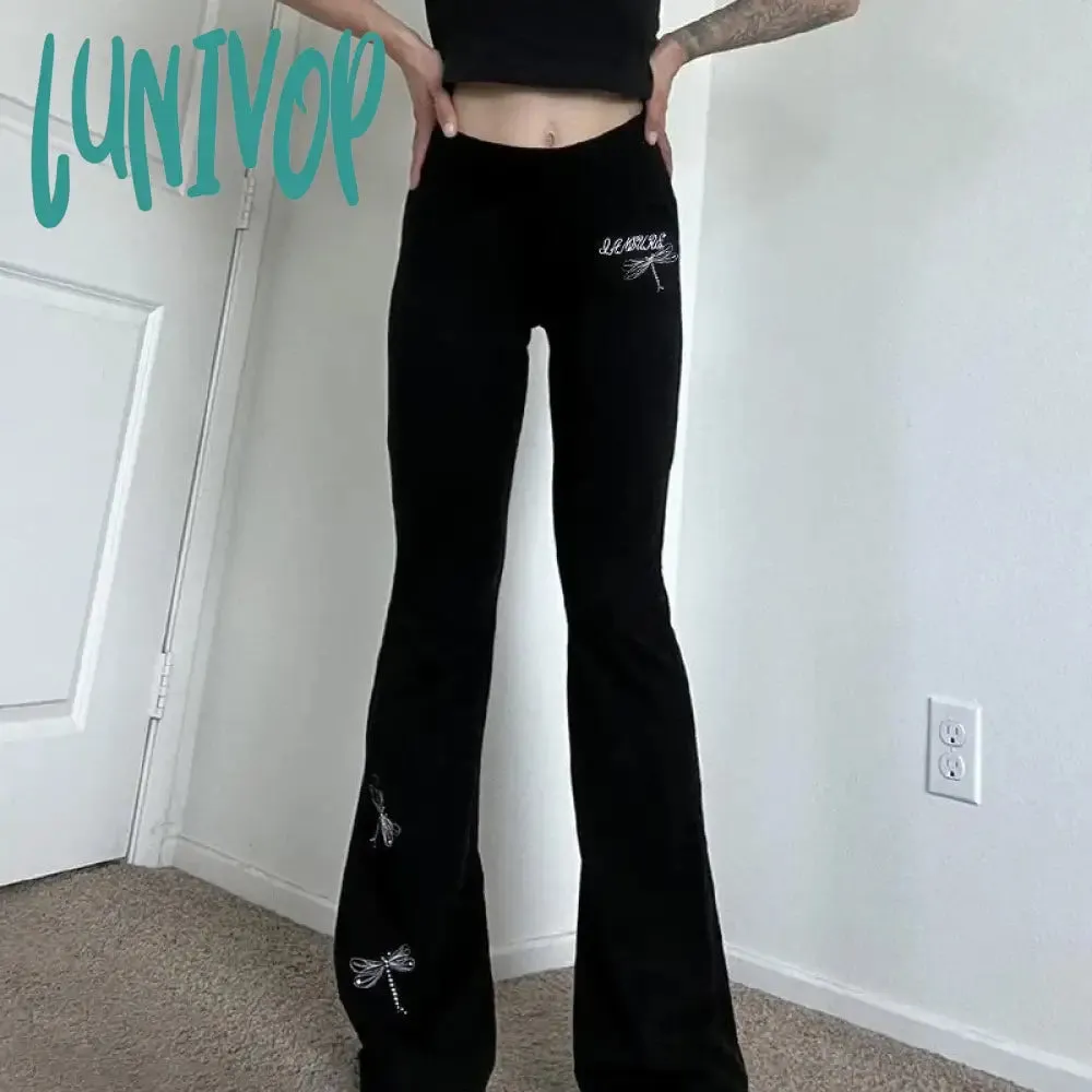 Lunivop Casual Dragonfly Embroidered Flare Pants Y2K Gothic High Waist Slim-fitting Boot Cut Women Korean Leggings Joggers Sweatpants