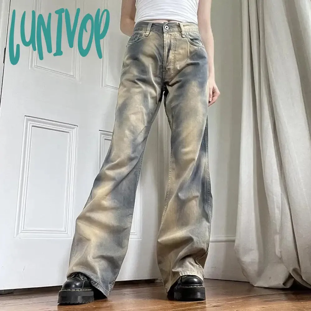 Lunivop Color Jeans Women Loose Washed Y2k Wide Leg Pant High Street Casual Fashion Streetwear Straight Denim Trousers
