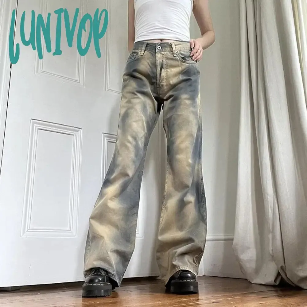 Lunivop Color Jeans Women Loose Washed Y2k Wide Leg Pant High Street Casual Fashion Streetwear Straight Denim Trousers