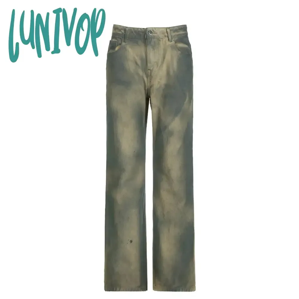 Lunivop Color Jeans Women Loose Washed Y2k Wide Leg Pant High Street Casual Fashion Streetwear Straight Denim Trousers