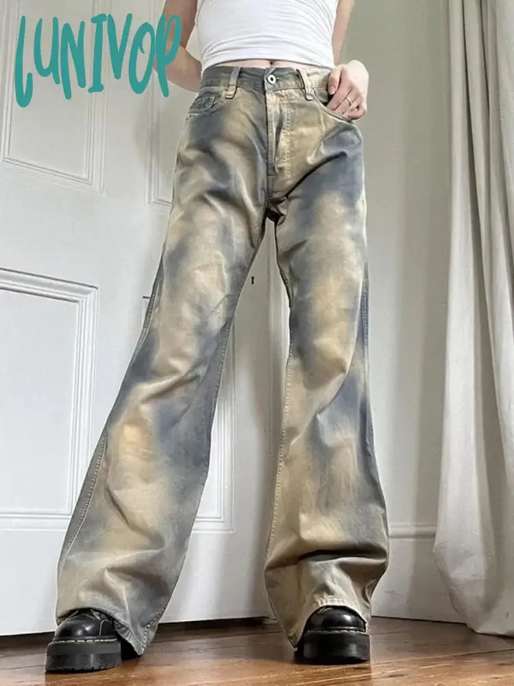 Lunivop Color Jeans Women Loose Washed Y2k Wide Leg Pant High Street Casual Fashion Streetwear Straight Denim Trousers