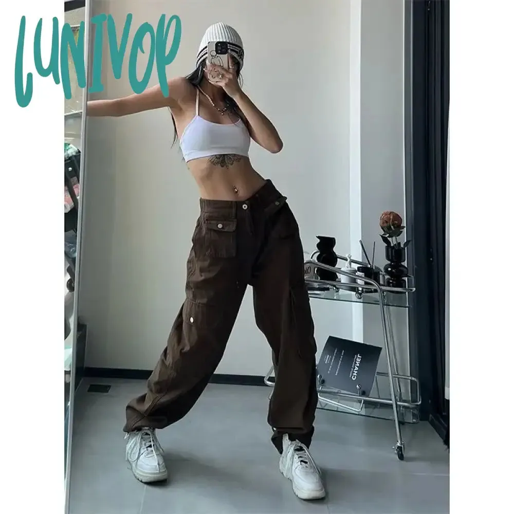 Lunivop  Y2k Vintage Cargo Pants Women Gyaru Brown Korean Fashion Baggy Baddies Streetwear Hippie Trousers Casual 90s Aesthetic