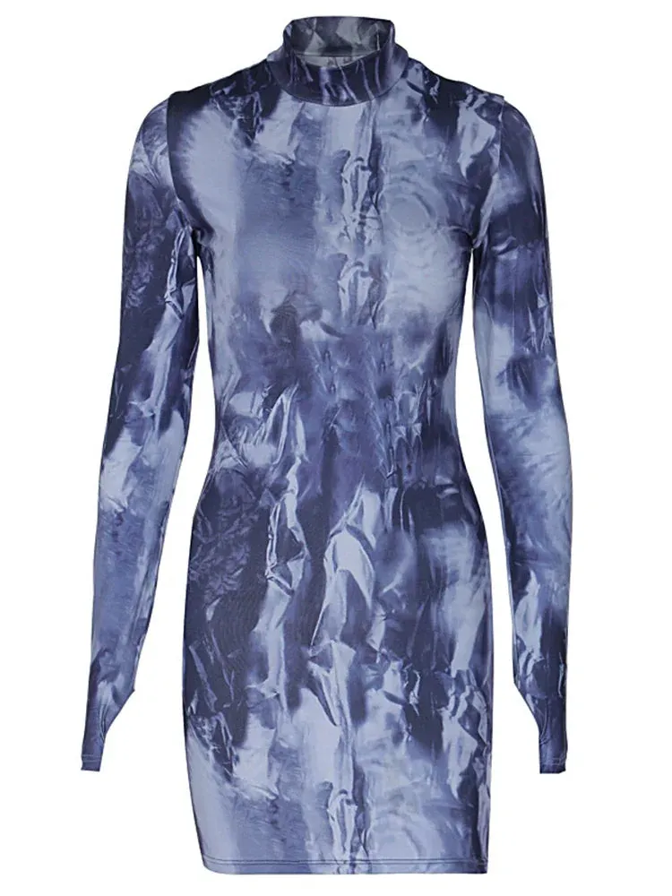 LVSANW Dulzura Tie Dye Print Long Sleeve Mini Dress For Women Bodycon Skinny Shrot Dress Y2K Clothes Fall Autumn Winter Wholesale Items