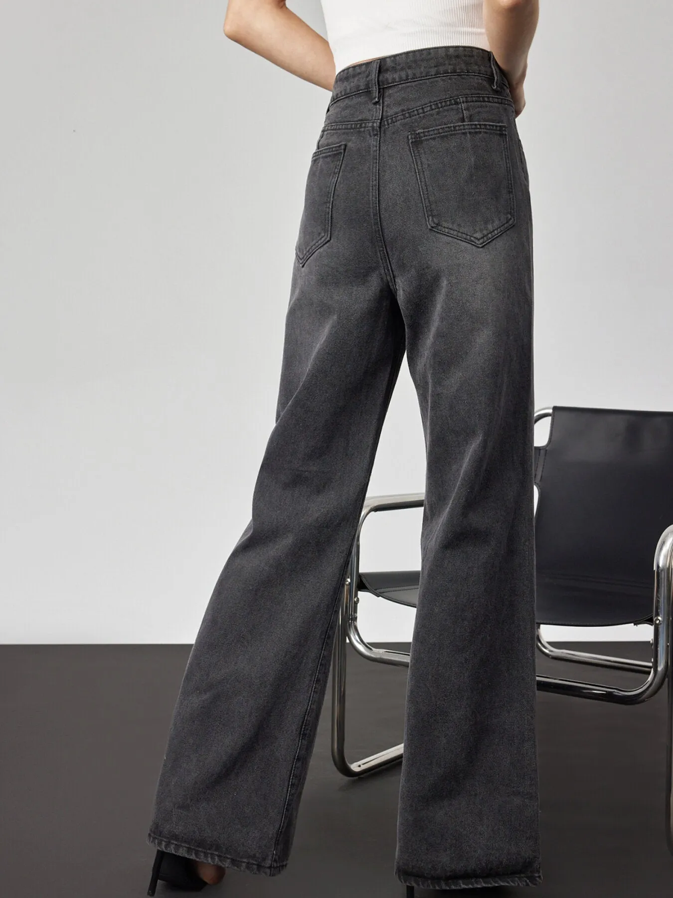 Plain Button Front Wide Leg Jeans
