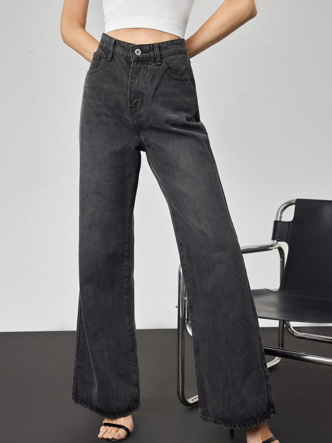 Plain Button Front Wide Leg Jeans