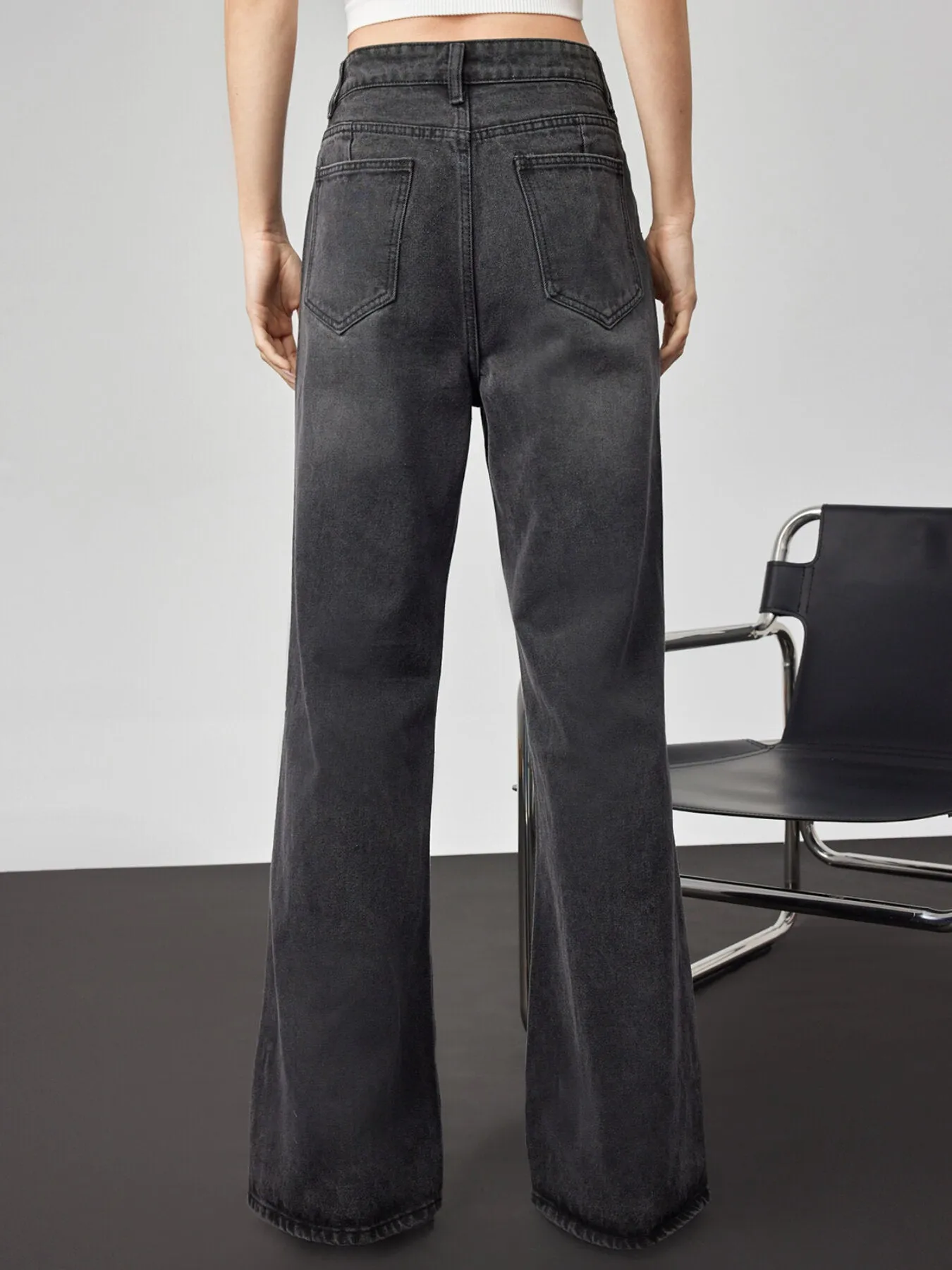 Plain Button Front Wide Leg Jeans