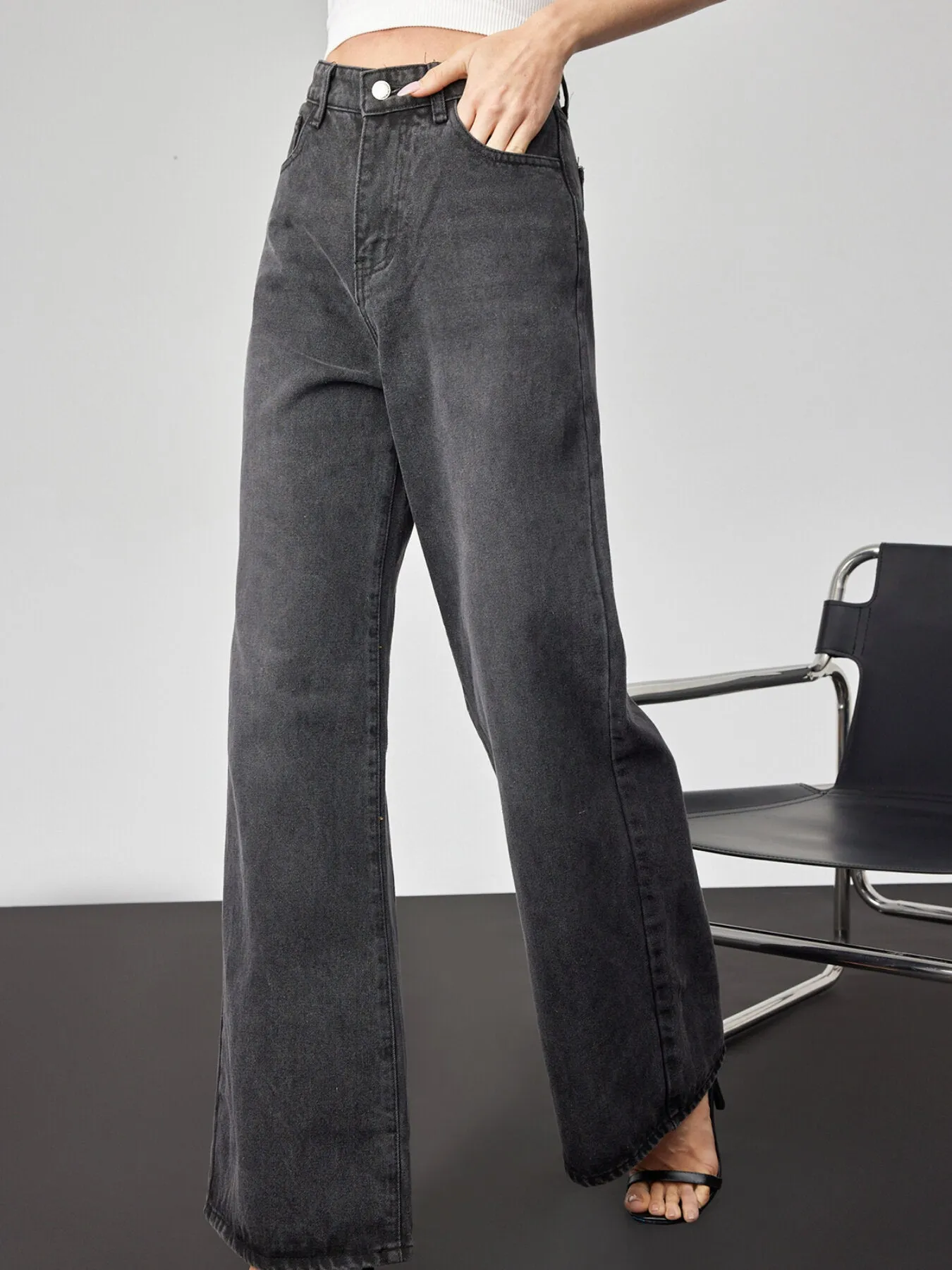 Plain Button Front Wide Leg Jeans