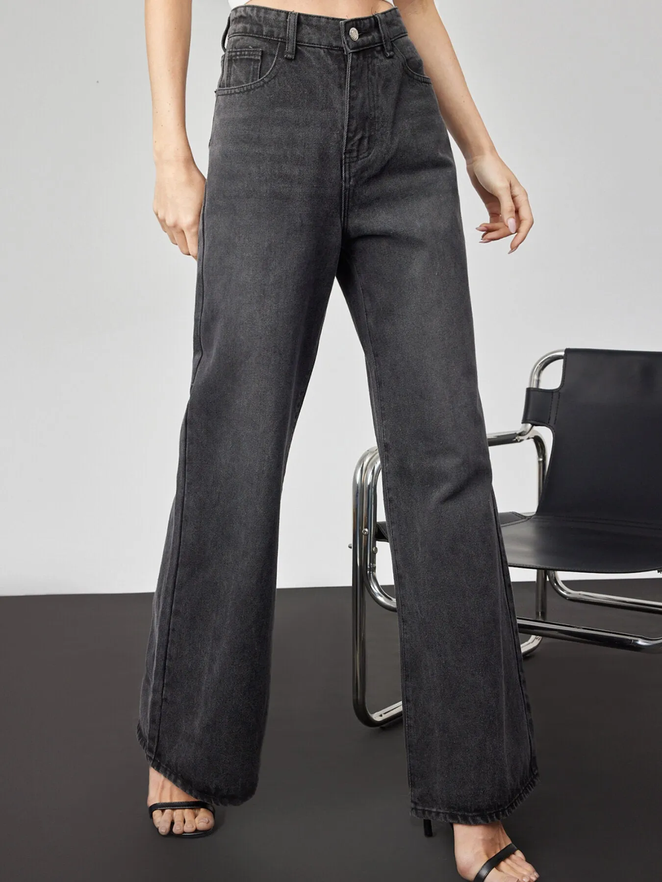 Plain Button Front Wide Leg Jeans