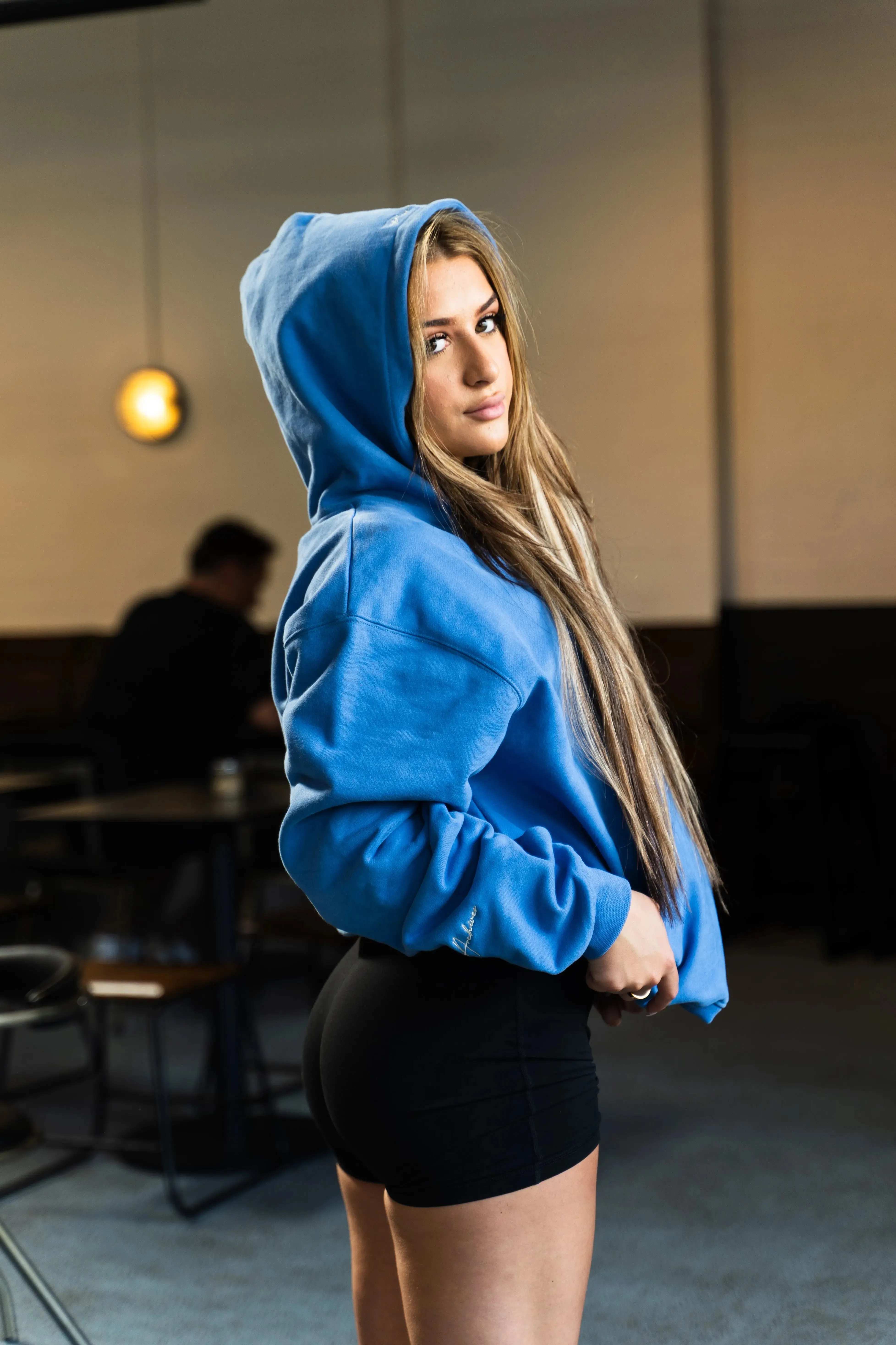 Prior Embroidery Logo Oversized Cropped Hoodie Faded Azure