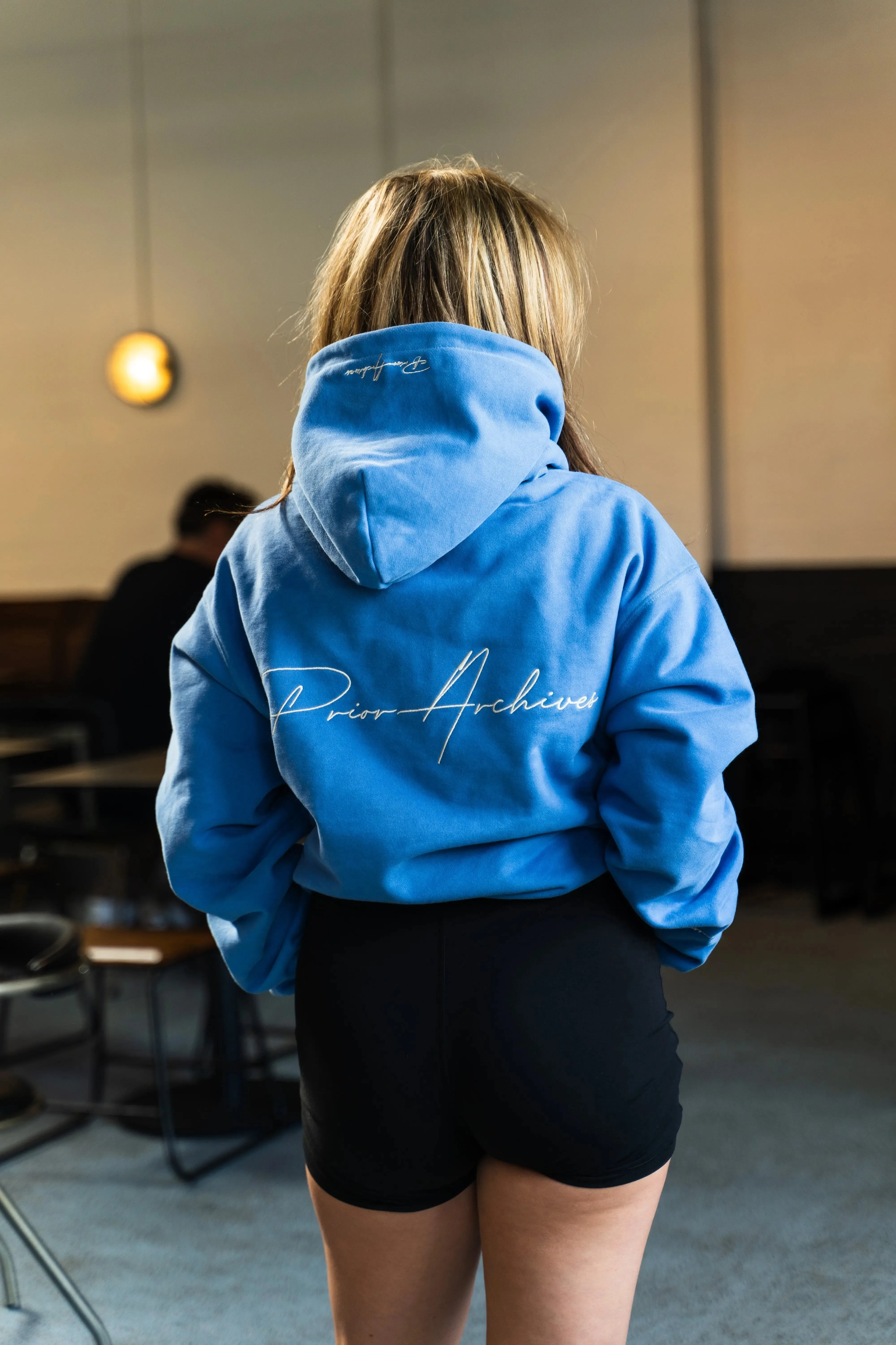Prior Embroidery Logo Oversized Cropped Hoodie Faded Azure
