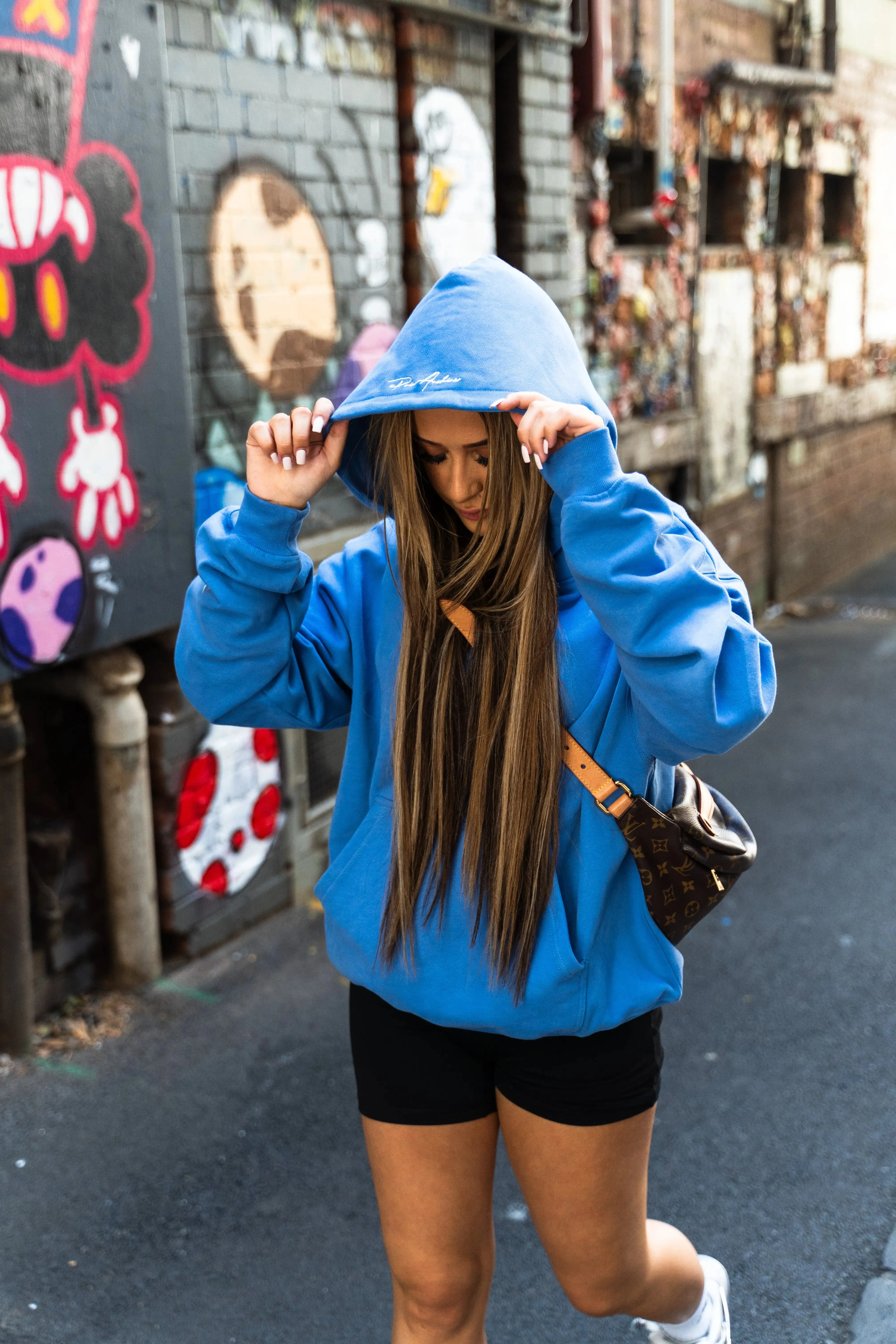 Prior Embroidery Logo Oversized Cropped Hoodie Faded Azure