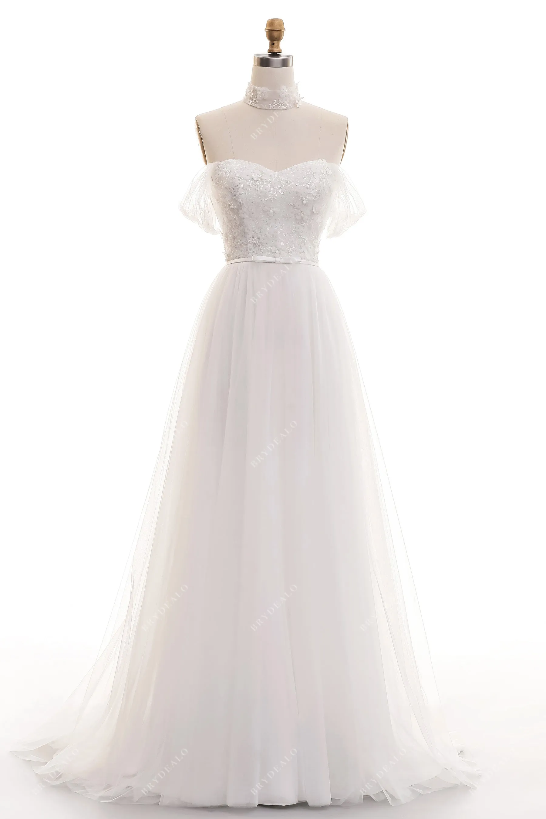 Romantic Shimmery Flower Lace Tulle Country Wedding Dress