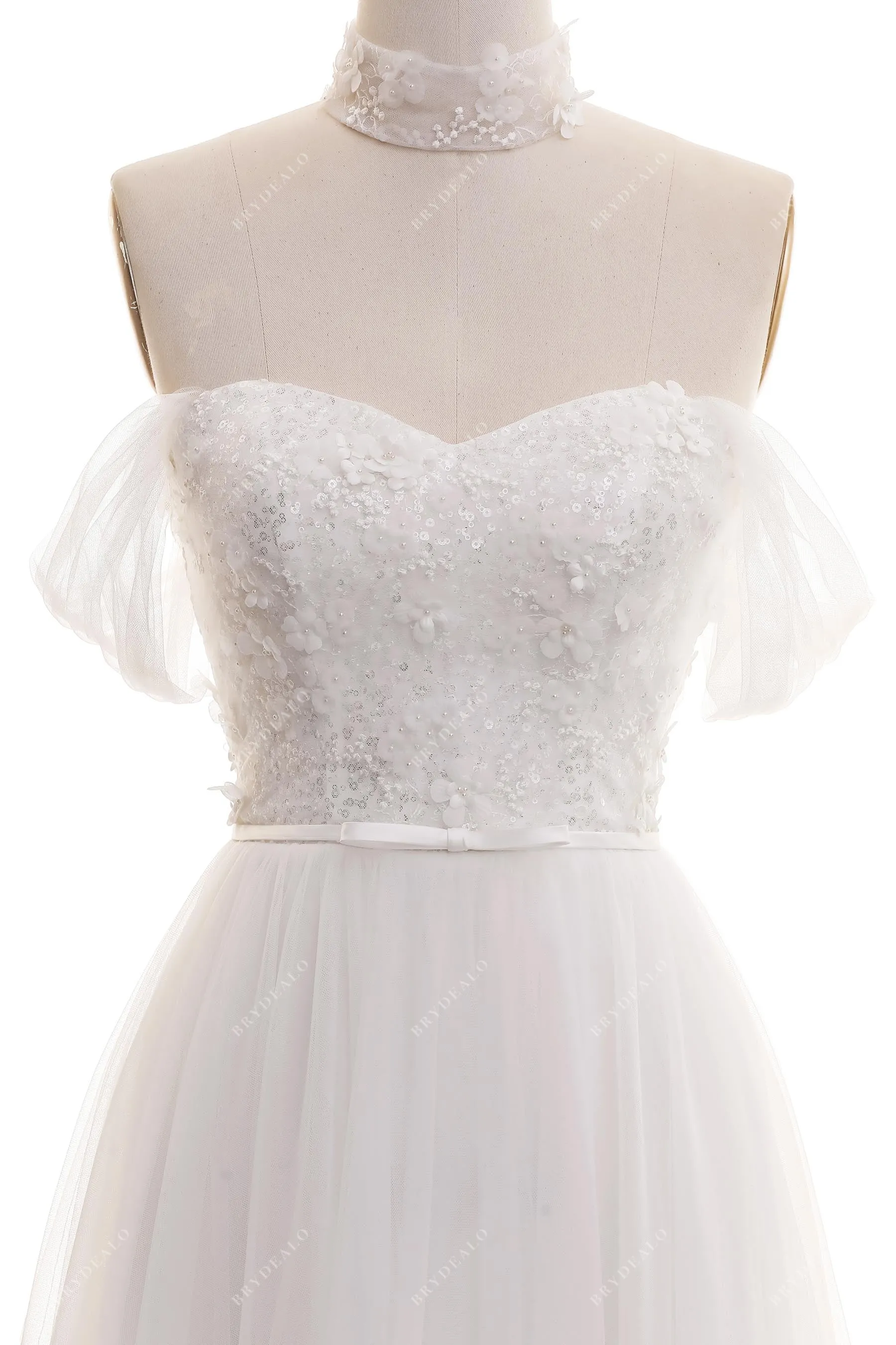 Romantic Shimmery Flower Lace Tulle Country Wedding Dress