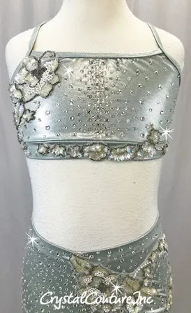 Shimmery Lt Grey Top and Boy-Cut Short with Beaded Appliques - Swarovski Rhinestones