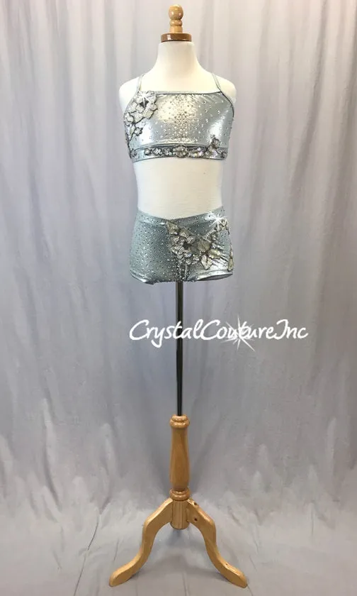 Shimmery Lt Grey Top and Boy-Cut Short with Beaded Appliques - Swarovski Rhinestones