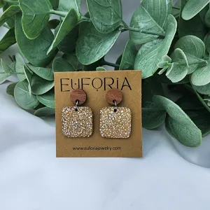 Small Square Leather Earrings - Tiny Holographic Dots Over Tan