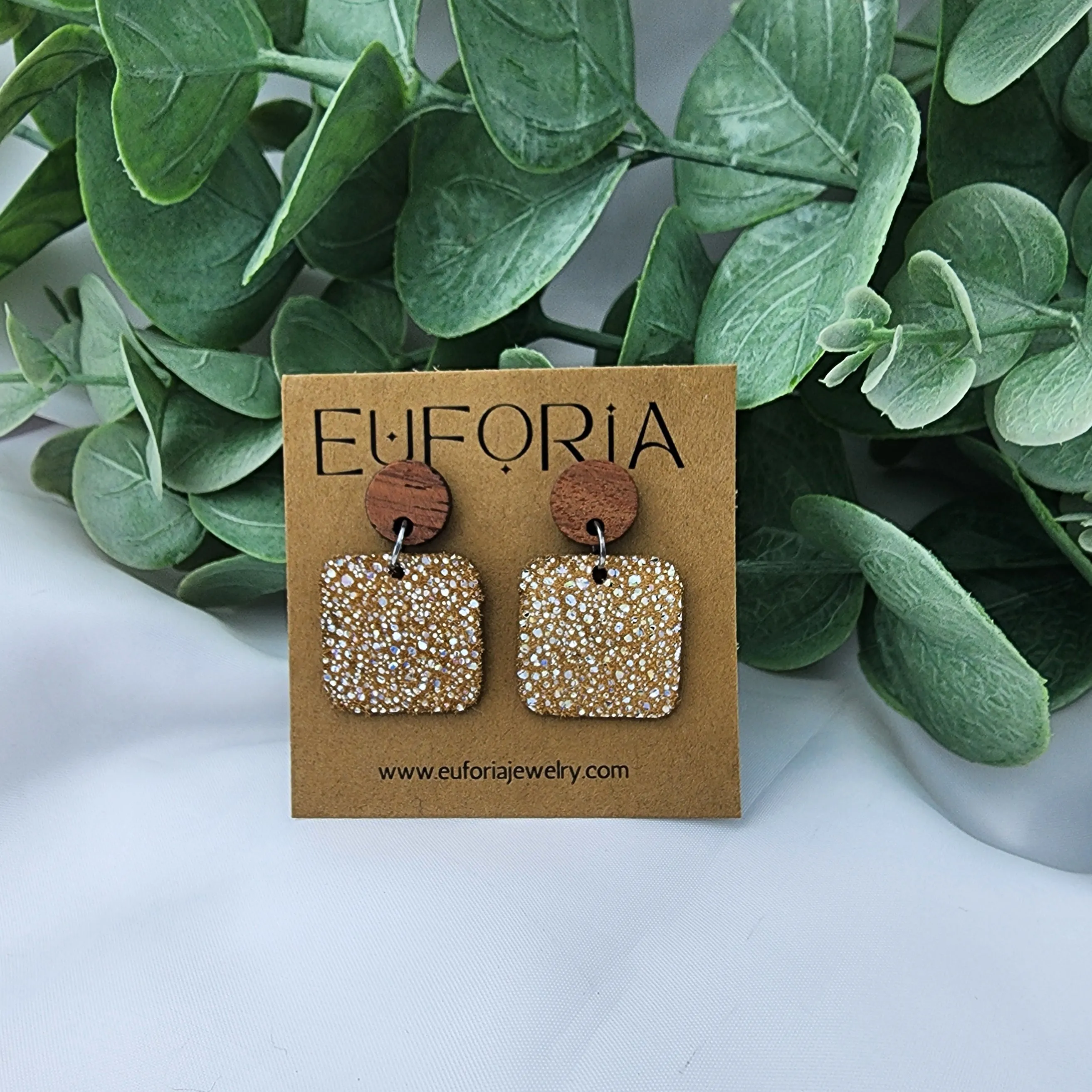 Small Square Leather Earrings - Tiny Holographic Dots Over Tan