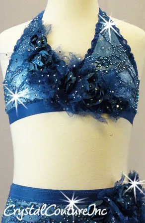 Teal Blue floral Lace 2-Piece Halter Top and Trunks with Floral Appliques - Swarovski Rhinestones