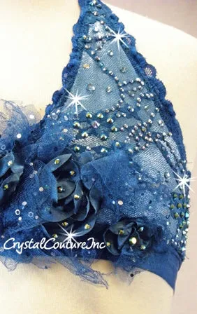 Teal Blue floral Lace 2-Piece Halter Top and Trunks with Floral Appliques - Swarovski Rhinestones